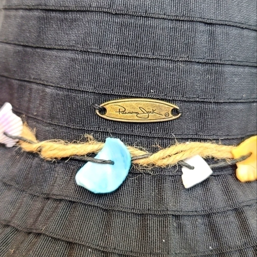 PANAMA JACK WIDE BRIM CRUSHABLE BLACK HAT, W REAL SEASHELL TRIM DETAIL